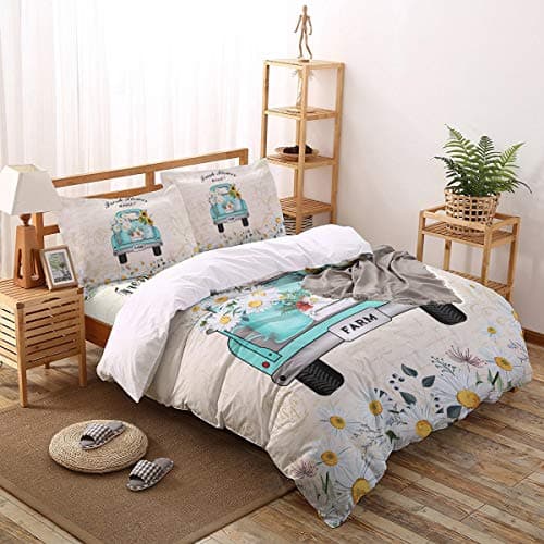 Flower Market Retro Truck Daisies Full Duvet Cover Set