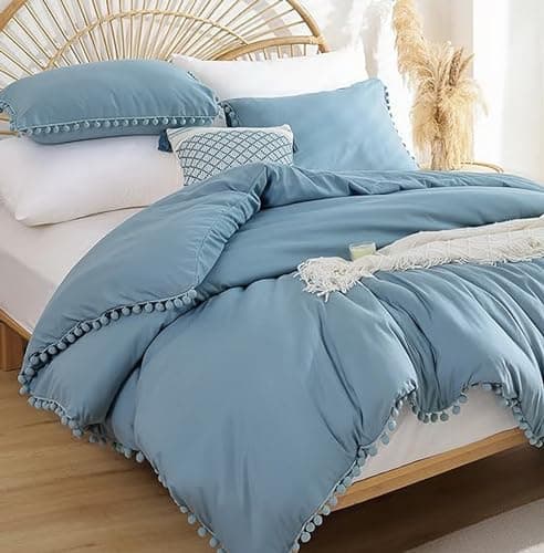 YIRDDEO Queen Size Comforter Set with Ball Pom Fringe - Oatmeal