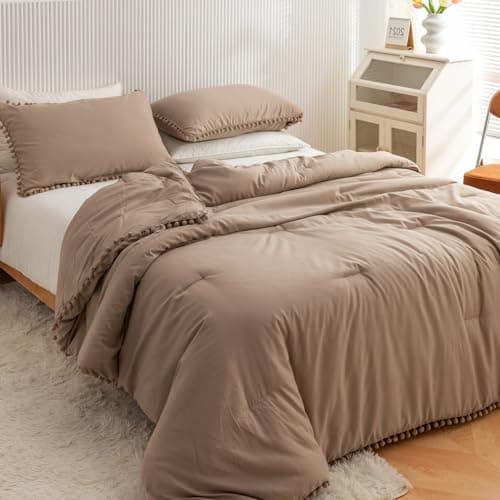 YIRDDEO Queen Size Comforter Set with Ball Pom Fringe - Oatmeal