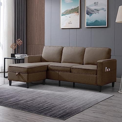Convertible L-Shaped Linen Couch with Reversible Ottoman