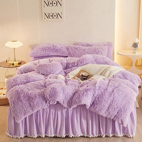 Fluffy White Duvet Cover Set for Twin Bed, 2 Pieces (1 Faux Fur Duvet Cover + 1 Plush Pillow Cases)