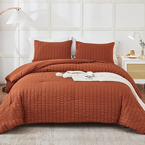 Beige Seersucker Queen Comforter Set - 3 Pieces, 100% Washed Microfiber, Lightweight Comforter with 2 Pillowcases