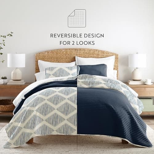 Modern Diamond Navy Linen Quilt Coverlet Set - Ultra Soft Microfiber
