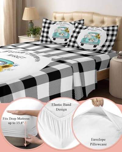 Buffalo Plaid Flower Daisies California King Sheet Set