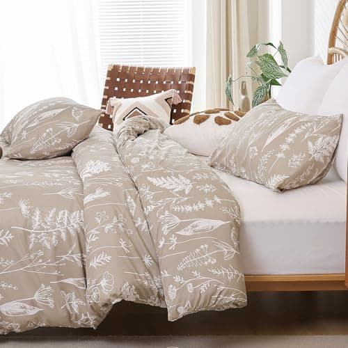 JANZAA Queen Oatmeal Floral Comforter Set with 2 Pillow Shams