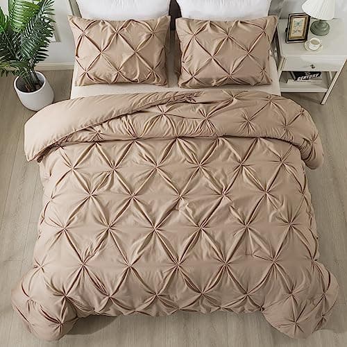 Andency White Queen Size Comforter Set, 3-Piece Cute Pinch Pleat bedding