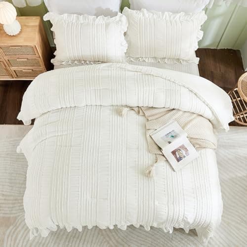WONGS BEDDING Queen Shabby Chic Comforter Set 3 Pieces Ruffle SeersuckerTextures