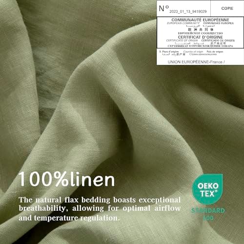 100% French Stonewash Pure Linen Sheets Set, 4Pieces, Suitable for Hot Sleepers, Saga Green, King Size