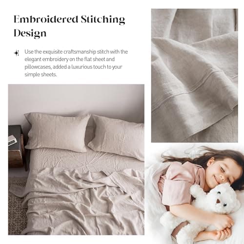 100% Washed Linen Sheet Set - King Size - Natural France Flax - 4 Piece Breathable Ultra Soft Farmhouse Bedding - Embroidery Linen