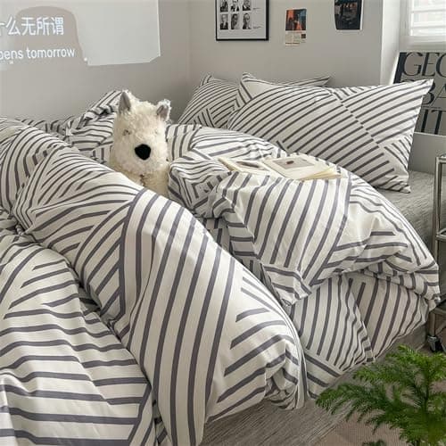 VM VOUGEMARKET Queen Blue Striped Duvet Cover & Pillowcases Set