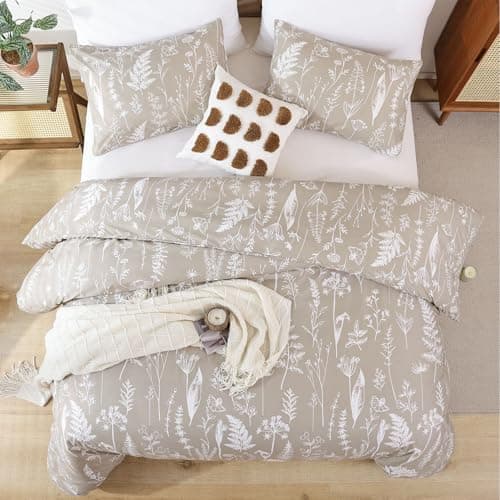 JANZAA Queen Oatmeal Floral Comforter Set with 2 Pillow Shams