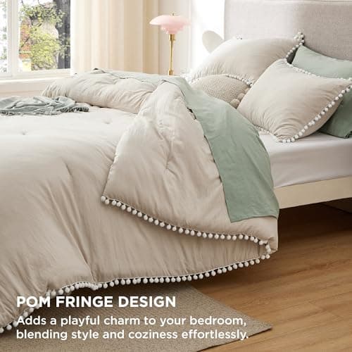 Bedsure Linen Queen Comforter Set with Pom Pom Detail - Vintage Boho Bedding Set for All Seasons, 3 Piece Shabby Chic Design with Fluffy Softness and 2 Pillow Shams