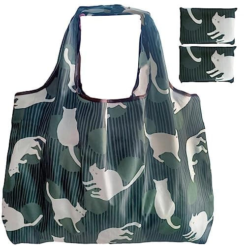 Foldable Reusable Grocery Bags with Long Handles and Fold-Up Pouch