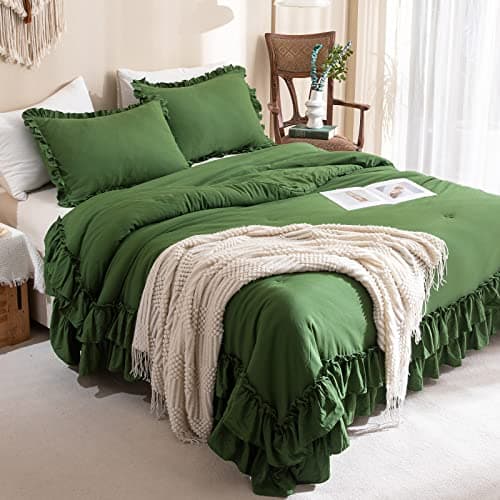 Masaca Ruffled Comforter Set Queen, Farmhouse Boho Chic Linen Feel Bedding
