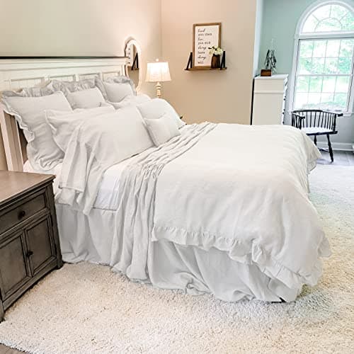 Provincial Linen White Ruffled King Bedspread with Ruffled Skirt, 100% Linen
