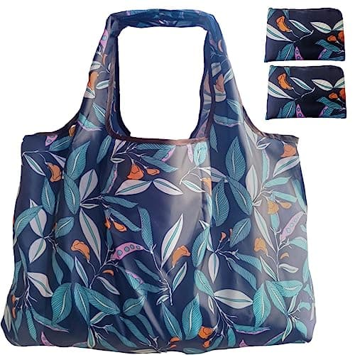 Foldable Reusable Grocery Bags with Long Handles and Fold-Up Pouch