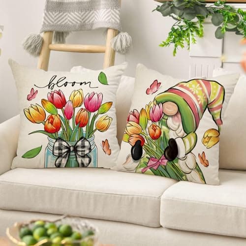 Spring & Summer Gnome Tulip Throw Pillow Covers, 20x20 Set of 4