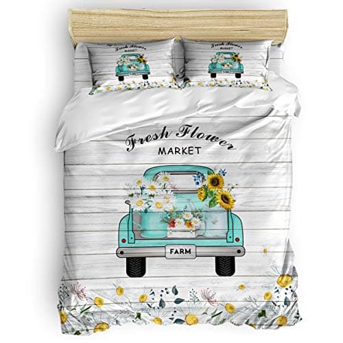4-Piece Breathable Soft Duvet Cover Set Flower Market Retro Truck Daisies for Kids/Adults