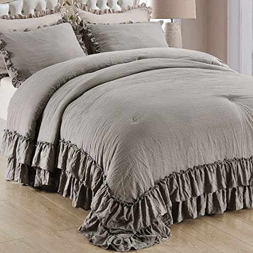 Masaca Ruffled Comforter Set Queen, Farmhouse Boho Chic Linen Feel Bedding