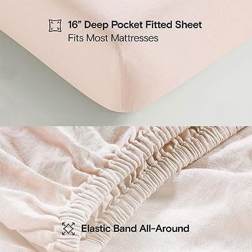 Sijo Stone Washed Organic French Linen Bed Sheet Set, GOTS Certified (Blush, Queen)