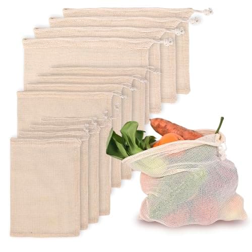 Reusable 12-Pack Cotton Mesh Produce Bags - Vegetable Storage, Farmers Market, Beach Bags, 4X Small, Medium, Large
