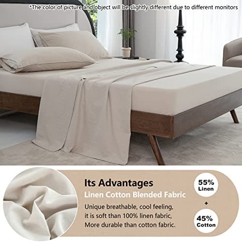Talasily Queen Size Linen Cotton Sheets, Beige, Deep Pockets