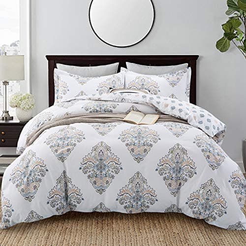 JUCFHY Queen Size Egyptian Cotton Damask Duvet Cover and Pillow Shams Set