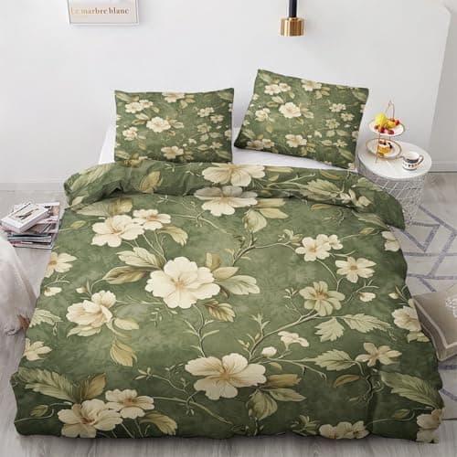 Oversized Queen Wildflower Duvet Cover & Shams, Green Quilt Set with Zipper