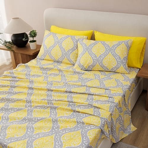 King Size Bed Sheets Set - Deep Pockets, Floral Ultra Soft Microfiber, 90 Thread Count (Grey/Yellow Medallion)