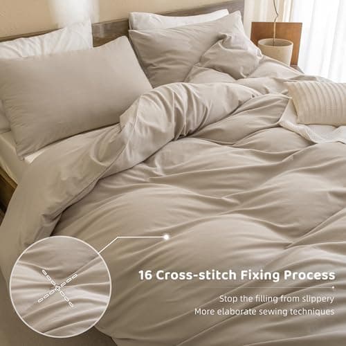 Cotton Comforter Set Queen, Linen Like Textured Bedding for Queen Size Bed 3 Pieces