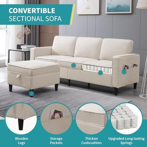 Convertible L-Shaped Linen Couch with Reversible Ottoman