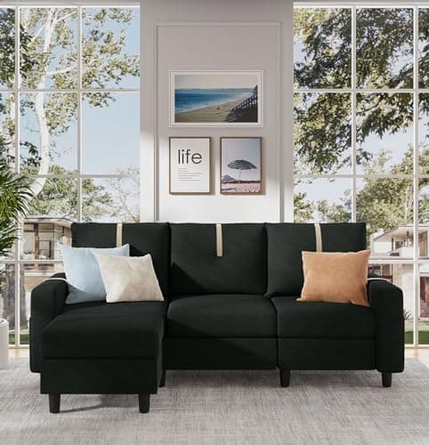 Modern 3-Seat L Shaped Sectional Sofa with Reversible Ottoman, Light Grey Linen Fabric