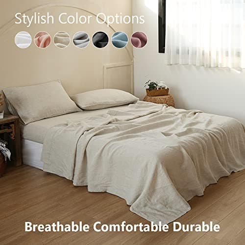 Simple&Opulence 100% Linen Sheet Set with Embroidery - 4 Pieces (Full Size)