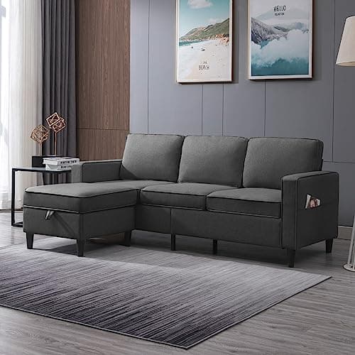 Convertible L-Shaped Linen Couch with Reversible Ottoman