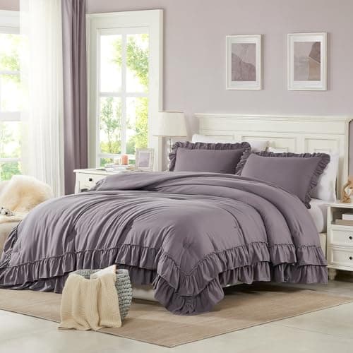 Cupocupa Beige Queen Comforter Set, 3PCs Ruffle Fluffy Bedding