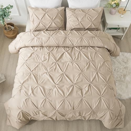Andency White Queen Size Comforter Set, 3-Piece Cute Pinch Pleat bedding