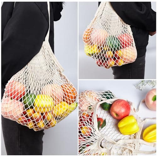 2 Pack Eco-Friendly Cotton Mesh Shopping Bags, Reusable Beige Handle Tote