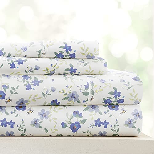 Ultra-Soft Cooling King Bed Sheet Set - Light Blue Vines