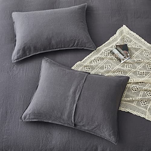 French Flax Linen Duvet Cover Set - Farmhouse Comforter Set (1 Duvet Cover and 2 Pillow Shams) Queen Size Dark Grey