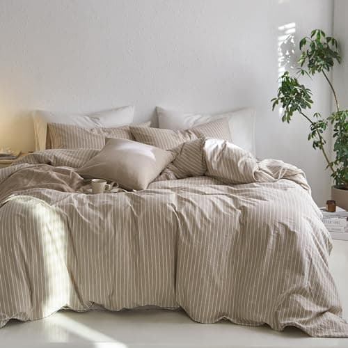 MooMee Bedding Duvet Cover Set in Brown, Queen Size 100% Washed Cotton Linen Like Textured Breathable and Durable Soft Comfy