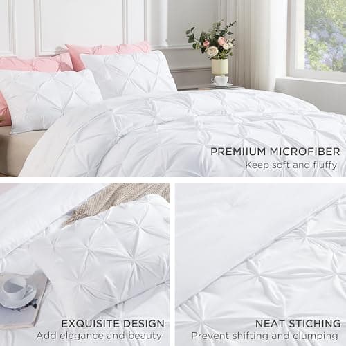 Andency White Queen Size Comforter Set, 3-Piece Cute Pinch Pleat bedding
