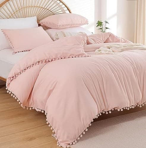YIRDDEO Queen Size Comforter Set with Ball Pom Fringe - Oatmeal