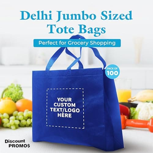 Custom Blue Jumbo Tote Bags Set of 100 - Reusable Promo Shopping Bags