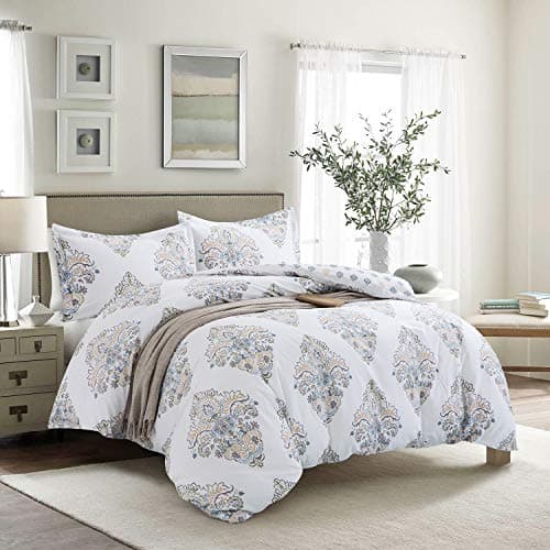 JUCFHY Queen Size Egyptian Cotton Damask Duvet Cover and Pillow Shams Set