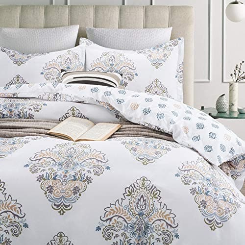 JUCFHY Queen Size Egyptian Cotton Damask Duvet Cover and Pillow Shams Set
