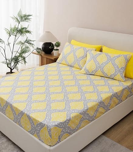 King Size Bed Sheets Set - Deep Pockets, Floral Ultra Soft Microfiber, 90 Thread Count (Grey/Yellow Medallion)