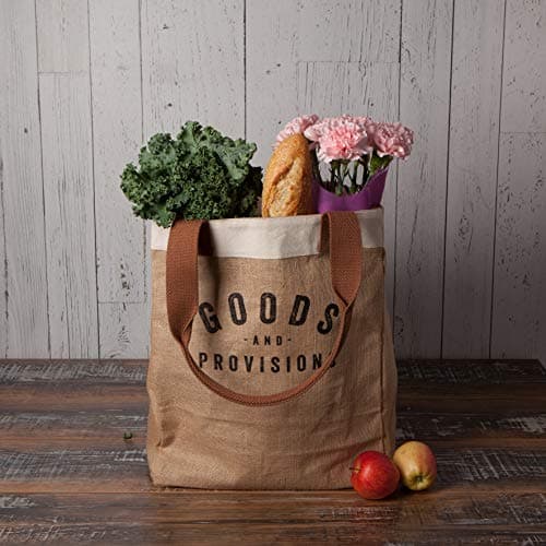 Burlap Market Tote: Goods and Provisions - 17 tall x 13.5 wide x 8.8 deep