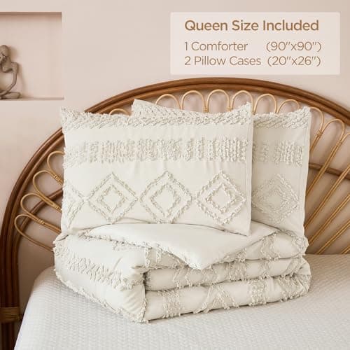 Andency Boho Beige Comforter Queen Set, Fluffy Warm Farmhouse Bedding