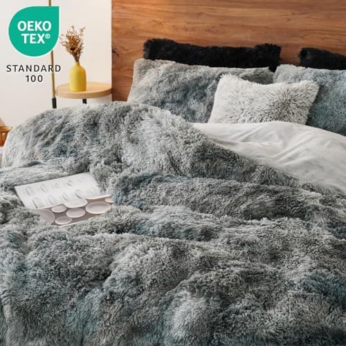 PHF Shaggy Fluffy Faux Fur King Size Duvet Cover Set
