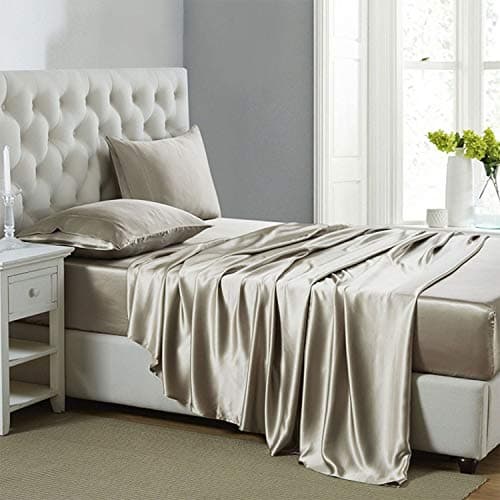 Soft Pink Silk Satin Sheets, Hypoallergenic Full Size Bedding Set, 4 Piece, Deep Pocket